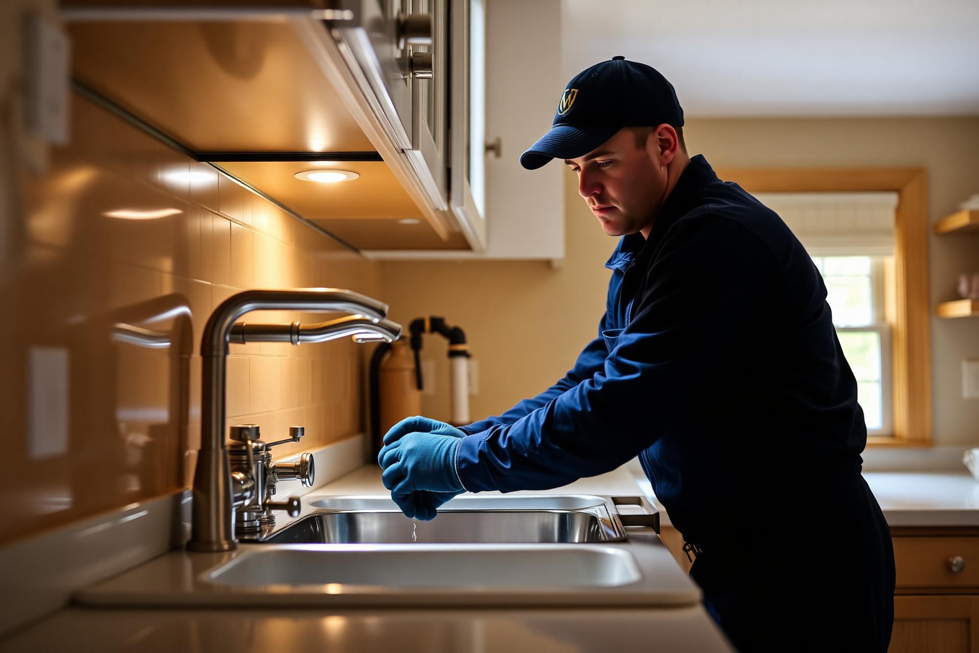 Plumber working under a kitchen sink